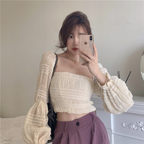 Casual fashion suit womens summer 2020 new one-word collar strapless short chiffon shirt high waist suit wide leg pants
