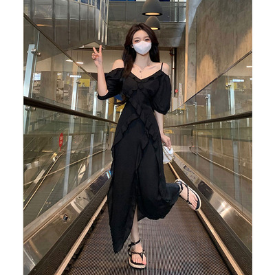 taobao agent Summer dress, fitted brace, long skirt, plus size, lifting effect, V-neckline, mid-length