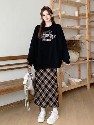 taobao agent Set, sweatshirt, retro autumn pleated skirt, plus size, high waist