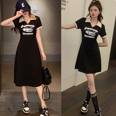 taobao agent Summer dress, fitted brace, plus size, polo collar, mid-length, A-line