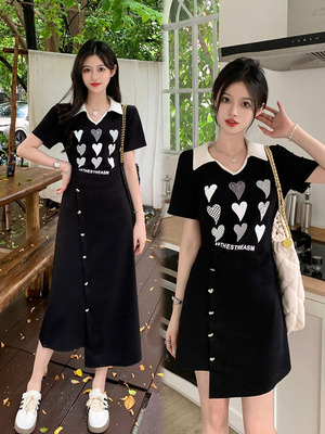taobao agent Black summer dress, plus size, polo collar, bright catchy style, A-line