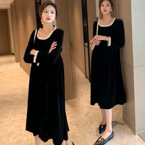 Korean pregnant women autumn dress foreign style fashion new knee belly gold velvet loose pregnant women dress Spring Autumn Tide