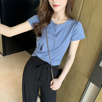 Net red short summer clothes new Korean version of high waist short knotted slim short-sleeved t-shirt women show thin solid color top trend