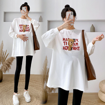 Pregnant woman T-shirt Long sleeves pure cotton blouse with long clothing spring clothing suit Fashion Korean version Spring and autumn white