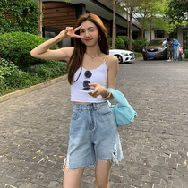 Korean denim shorts womens thin 2021 new summer perforated high waist straight tube loose thin burr five-point pants