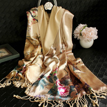 High-grade flowers and birds picture silk velvet scarf pure Mulberry Silk Satin Cashmere Double thick autumn winter shawl silk female