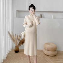 Angel mommy ~ pregnant womens clothing autumn and winter fashion tide mom Joker high neck base knitted long dress large size dress autumn