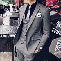 British trendy mens slim suit Korean mens striped small suit three-piece mens shirt casual work suit jacket