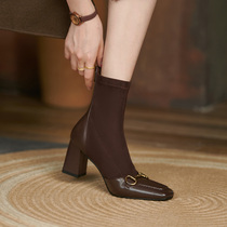Givenivan French romantic ~ metal buckle elastic slim boots female back zipper high heel short boots thick heel 7cm
