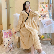 Autumn winter nightgown women winter plus plus thick bathrobe morning robe long maternity coral fleece yellow flannel pajama skirt