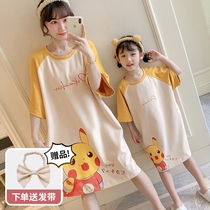  Parent-child nightdress mother-daughter dress summer pure cotton short-sleeved thin childrens pajamas girl spring and autumn half-sleeved skirt