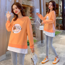 Pregnant Womens Spring suit fashion new loose slimming age age fake two pieces printed sweater tide mother T-shirt top
