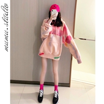 Pink hooded sweater womens autumn and winter new Korean version loose chic tie-dye design sense of the girls long top tide