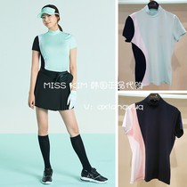 South Korea W ANGLE golf womens 21 summer golf stand-up collar stitching contrast elastic slim short-sleeved T-shirt