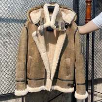 American raccoon collar original ecological sheepskin wool one-piece mens leather leather jacket B3 flight suit Motorcycle hooded fur winter jacket