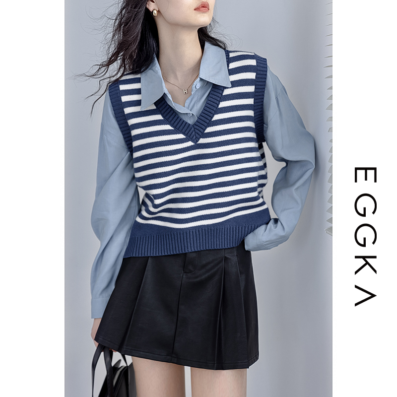 EGGKA Blue Academy Style V-Neck Stripe Knit Shirt 2023 New Spring and Autumn Retro Knitted Vest for Women