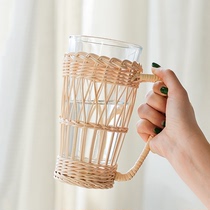 Japanese INS wind small new clear rattan braided cup cover Household white rattan glass heat insulation cup hand woven with handle anti-hot
