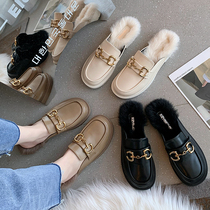 Baotou half slippers women wear 2021 autumn and winter New pregnant women Muller horse Title buckle Lefu small leather shoes fur slippers