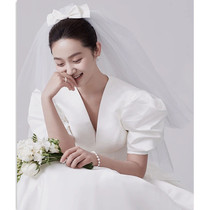 Korean-style age-reducing bow hair yarn Bride wedding wedding photography photography with makeup short white accessories plain yarn