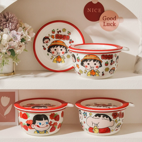 Cartoon Ceramic Instant Loolling с крышкой с ложкой, микроволновой печи, офисной рабочей работой мгновенной миски для лапши.