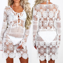2020 European and American fashion hollow white long sleeve sunscreen beach skirt pullover bikini shirt New Lady