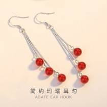 Lao Feng Xiangyou S925 silver red agate ear wire Korean long tassel fashion elegant hypoallergenic earrings silver earring