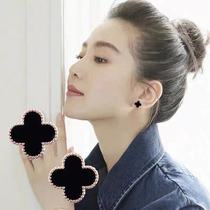 Trend new S925 sterling silver clover earrings female Korean version of simple black agate large anti-allergic silver ear ornaments
