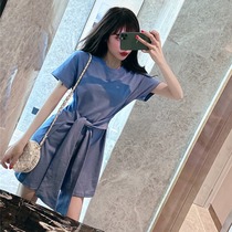 Dress Sweet Summer New Irregular Strap Waist Slimming Casual Age T-shirt Soft Milk Blue Skirt Small Black Skirt