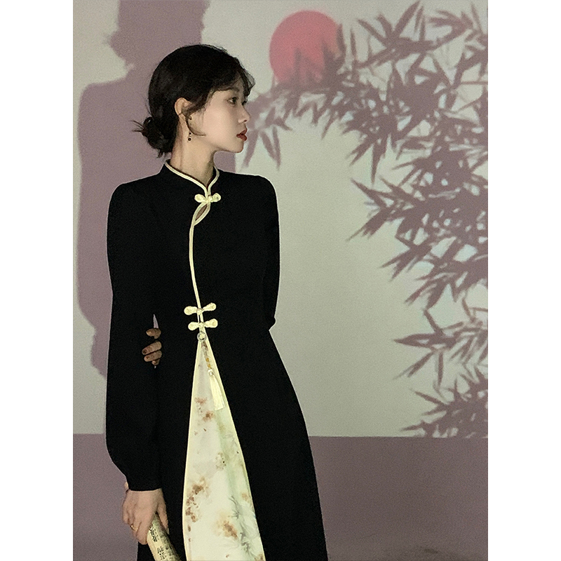 EIA Yiyao [東洋の水墨画] 新しい中国風レトロ改良チャイナドレス女性の冬のダークパターンジャカード長袖ドレス