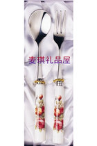 Korean imported tableware stainless steel ceramic handle coffee spoon mixing spoon Dessert fork cake fruit fork 2P gift box
