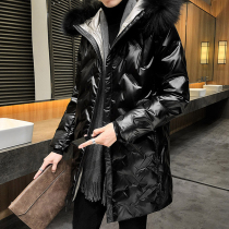 Rich bird men long down jacket coat autumn and winter warm trend bright face loose thickened business coat men