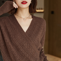 FENPERATE cotton wool V-neck sweater womens autumn and winter New 2021 bright silk long sleeve knitted top
