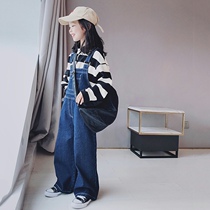 Girls denim strap pants autumn clothes 2021 New Chinese children casual trousers autumn children loose foreign style jumpsuit