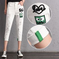 White pierced jeans women's eight Harlan pants spring and summer loose high waist slim casual thin cropped pants