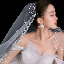 New Korean retro pearl high-end bridal wedding long super fairy wedding veil single-layer wedding photo headdress