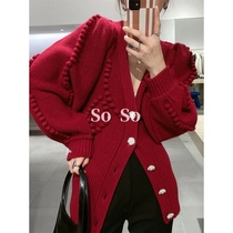 Sandro Mocy premium Red Pearl sweater coat women thick little man v collar loose knit cardigan