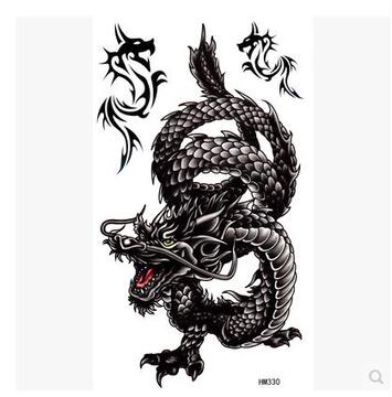 黑白色龙纹身贴纸防水男款人体身体彩绘大图刺青贴