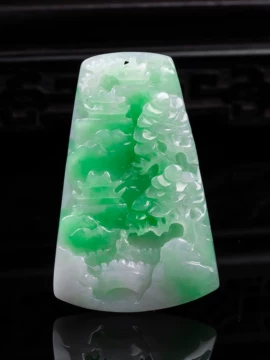 翡翠 高氷種 山水牌 精工神仏彫刻 長方形 明緑白透明石 水頭