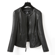 2021 European leather locomotive leather leather womens Sheep Spring and Autumn short slim round neck single leather jacket coat slim