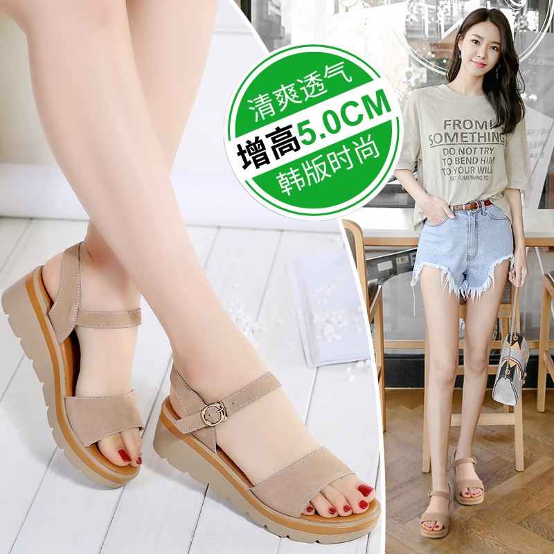 Summer 2019 new Baitapo heel flat-soled student sandals, middle heel fashion thick-soled leather pregnant women Korean version