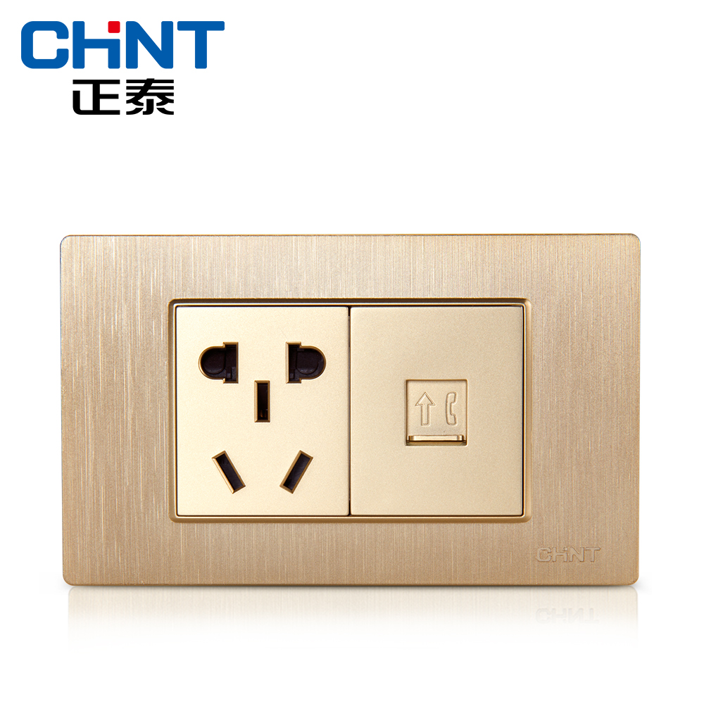 New Zhengtai Electrical 118 Switch Socket NEW5D Wire Drawing Gold Embedded Steel Frame Two-position One-socket Telephone Socket