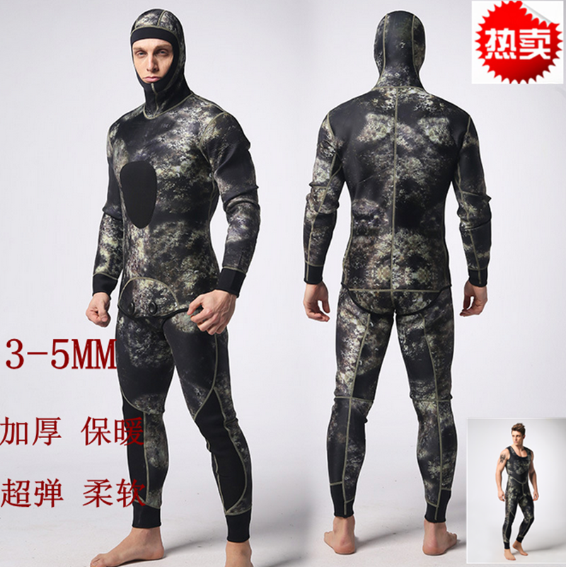 Men's special 3-5mm camouflage conjoined cap snorkeling suit with two sets of thickened warm hunting and fishing winter swimsuit