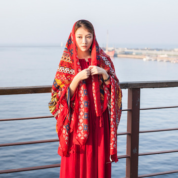 海边防晒大披肩丝巾时尚复古文艺民族风图腾菱格棉麻沙滩夏大纱巾