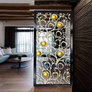定制钢化艺术玻璃隔断玄关屏风移门透光雕花中式 金苹果树