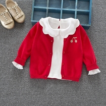 Spring clothes girls childrens knit cardigan baby Korean style foreign style red childrens embroidery baby thin sweater coat