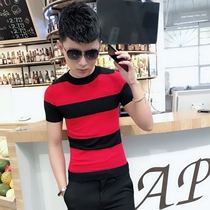 Summer new short-sleeved T-shirt mens Korean version of the trend of social youth guy tight striped knit shirt ice silk shirt