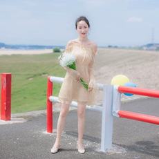 2018春装新款韩版女装修身显瘦长袖气质吊带露肩一字肩网纱连衣裙